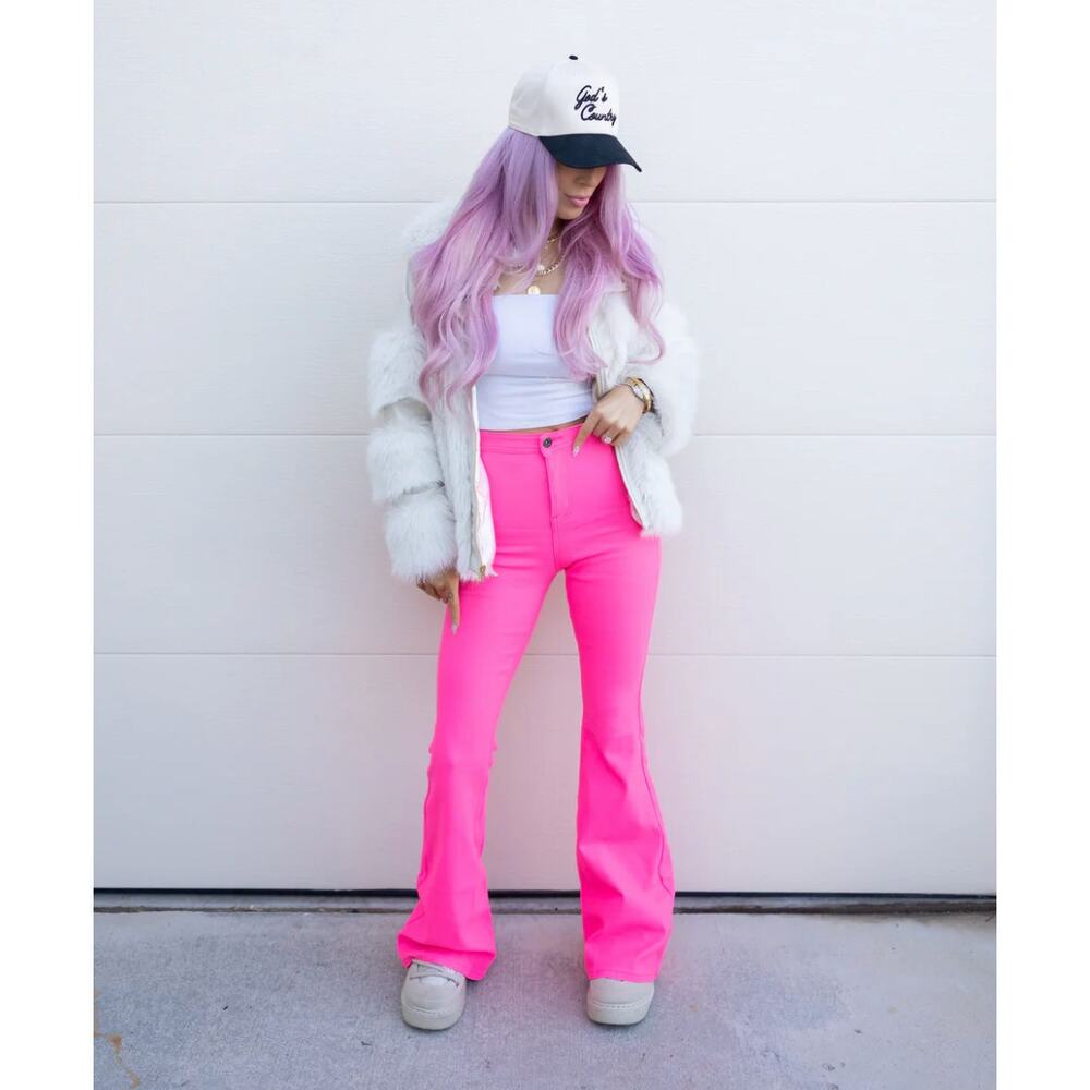 Willow Boutique Fiona Bell Bottom Flare Pant L Neon Pink Super Stretch High Rise